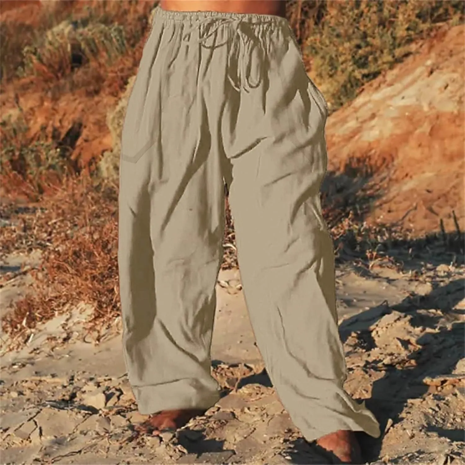 Mens Cotton Linen Harem Pants Elastic Waist Wide Leg Baggy Yoga Trousers Drawstrings Lightweight Summer Beach Pants for Men