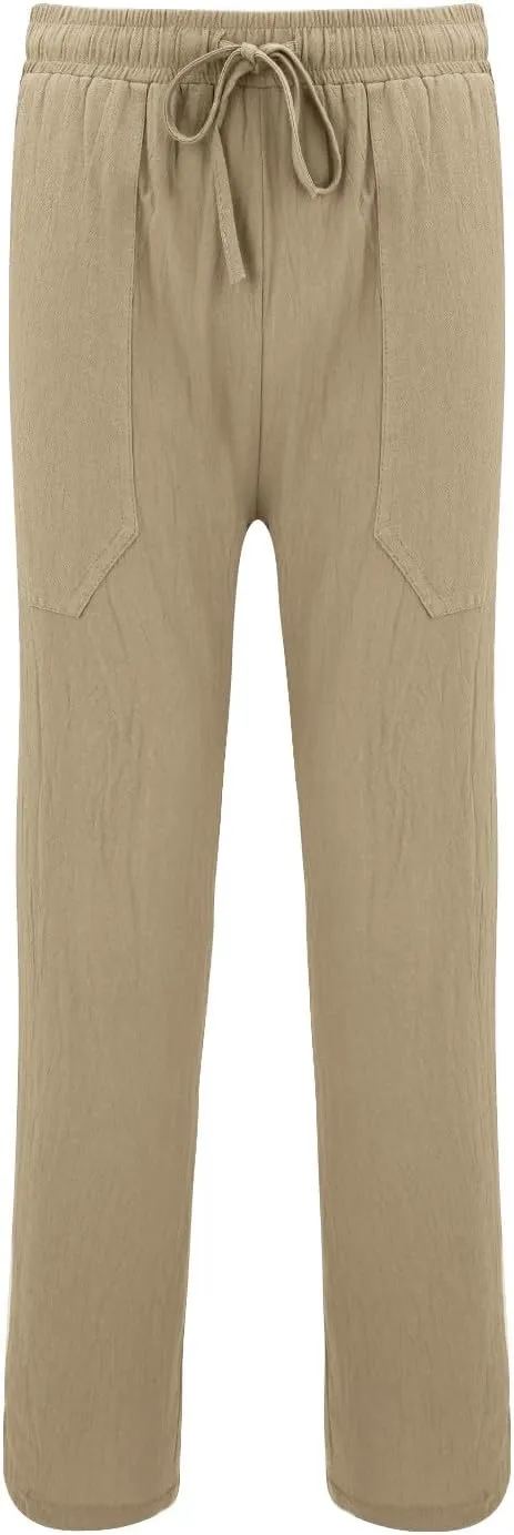 Mens Cotton Linen Harem Pants Elastic Waist Wide Leg Baggy Yoga Trousers Drawstrings Lightweight Summer Beach Pants for Men