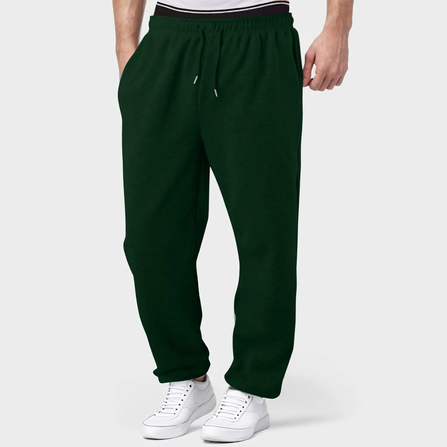 Men's Heavyweight Fleece Cargo Sweatpants Baggy Sweat Pants with Pockets Elastic Waist Drawstring Joggers Trousers