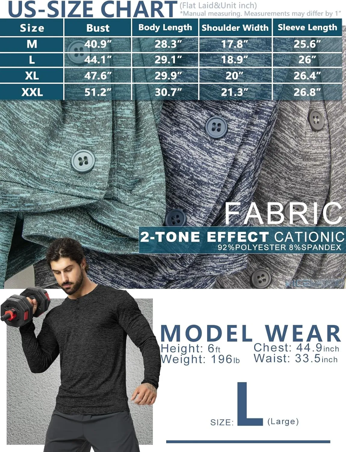 Mens Henley Shirt Dry Fit Tech 3 Button T Slim Fit Quick Dry Gym Tshirt Long Sleeve Lightweight Basic Casual Tee