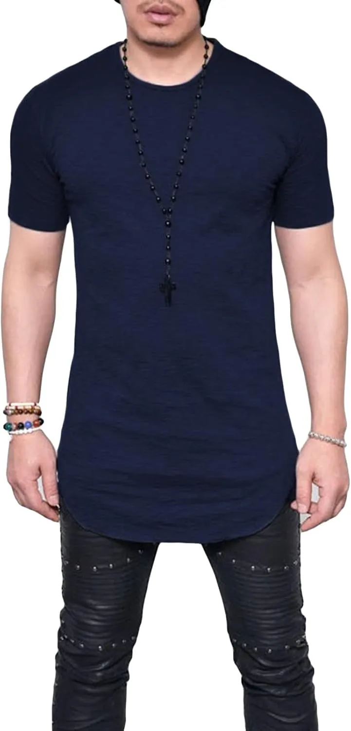 Men's Hipster Curved Longline Drop Tail Tee Top Long Hip Hop Shirts Gym Workout Slim Fit Short Sleeve