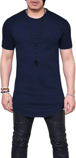 Men's Hipster Curved Longline Drop Tail Tee Top Long Hip Hop Shirts Gym Workout Slim Fit Short Sleeve
