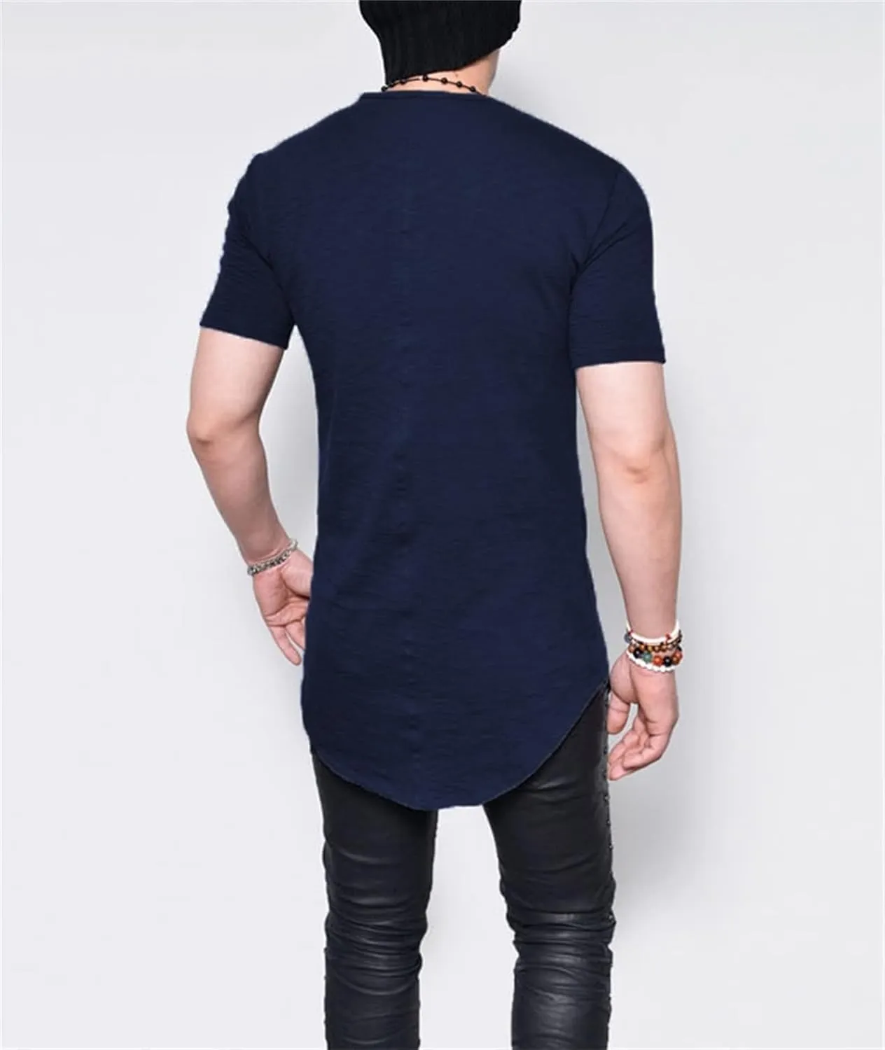 Men's Hipster Curved Longline Drop Tail Tee Top Long Hip Hop Shirts Gym Workout Slim Fit Short Sleeve