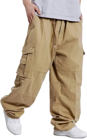 Men's Large Size Wide-Leg Pants Hip-Hop Loose Multi-Pocket Fashion Solid Color Overalls Plus Size Fat Hipster Street Trousers