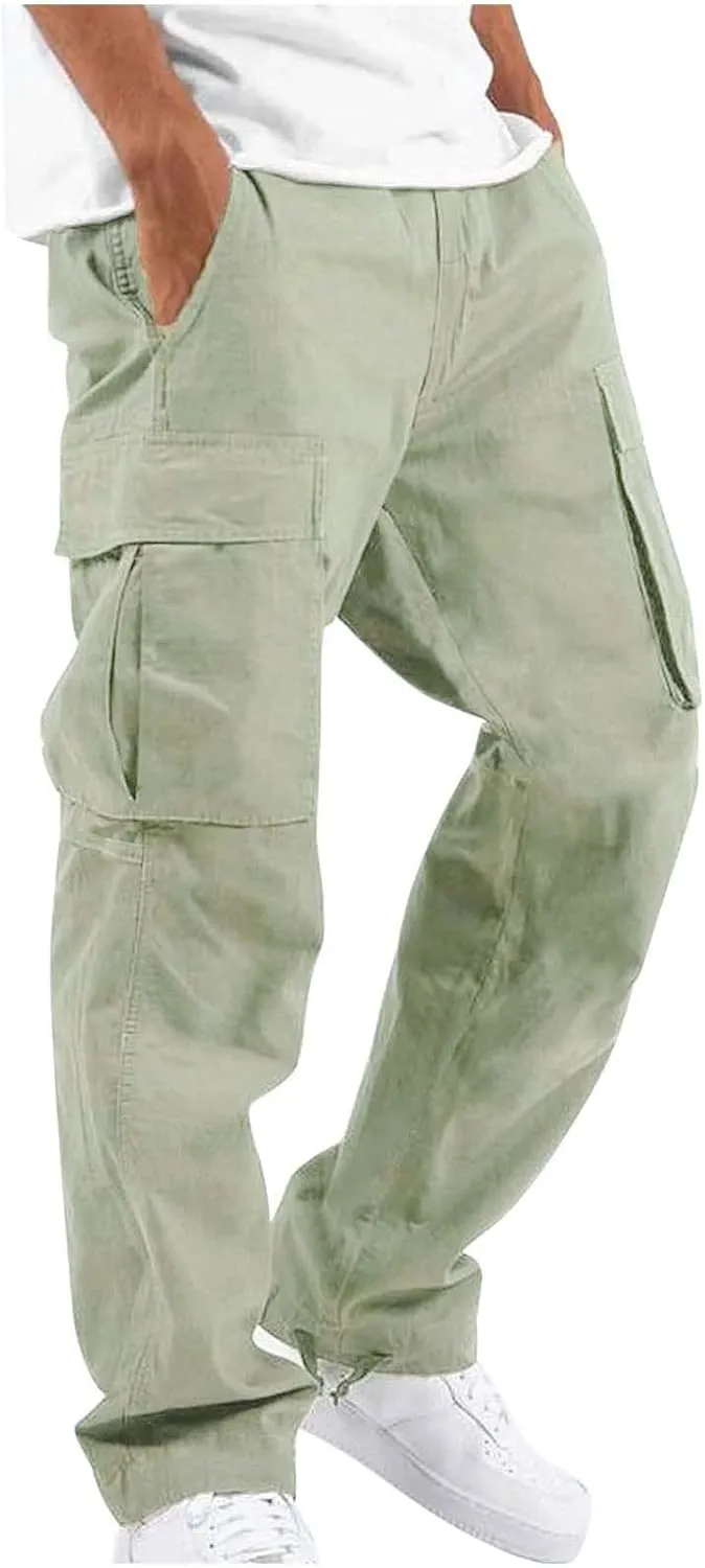 Mens Pants Cargo Drawstring Elastic Waist Sweatpants with Zipper Pockets Relaxed Fit Baggy Pants Joggers Trousers