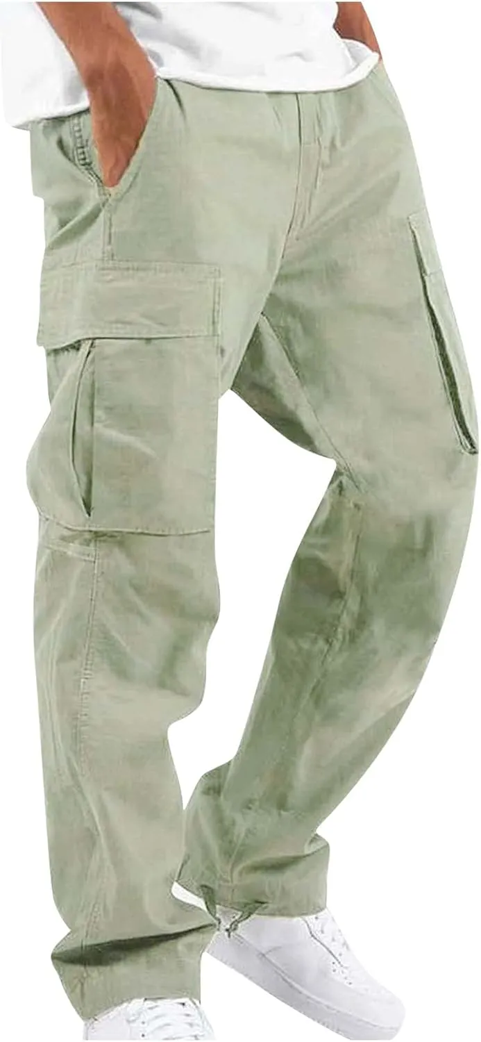 Mens Pants Cargo Drawstring Elastic Waist Sweatpants with Zipper Pockets Relaxed Fit Baggy Pants Joggers Trousers
