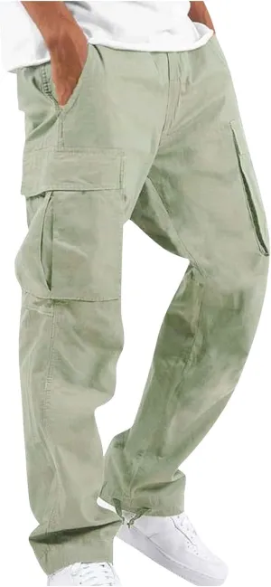 Mens Pants Cargo Drawstring Elastic Waist Sweatpants with Zipper Pockets Relaxed Fit Baggy Pants Joggers Trousers