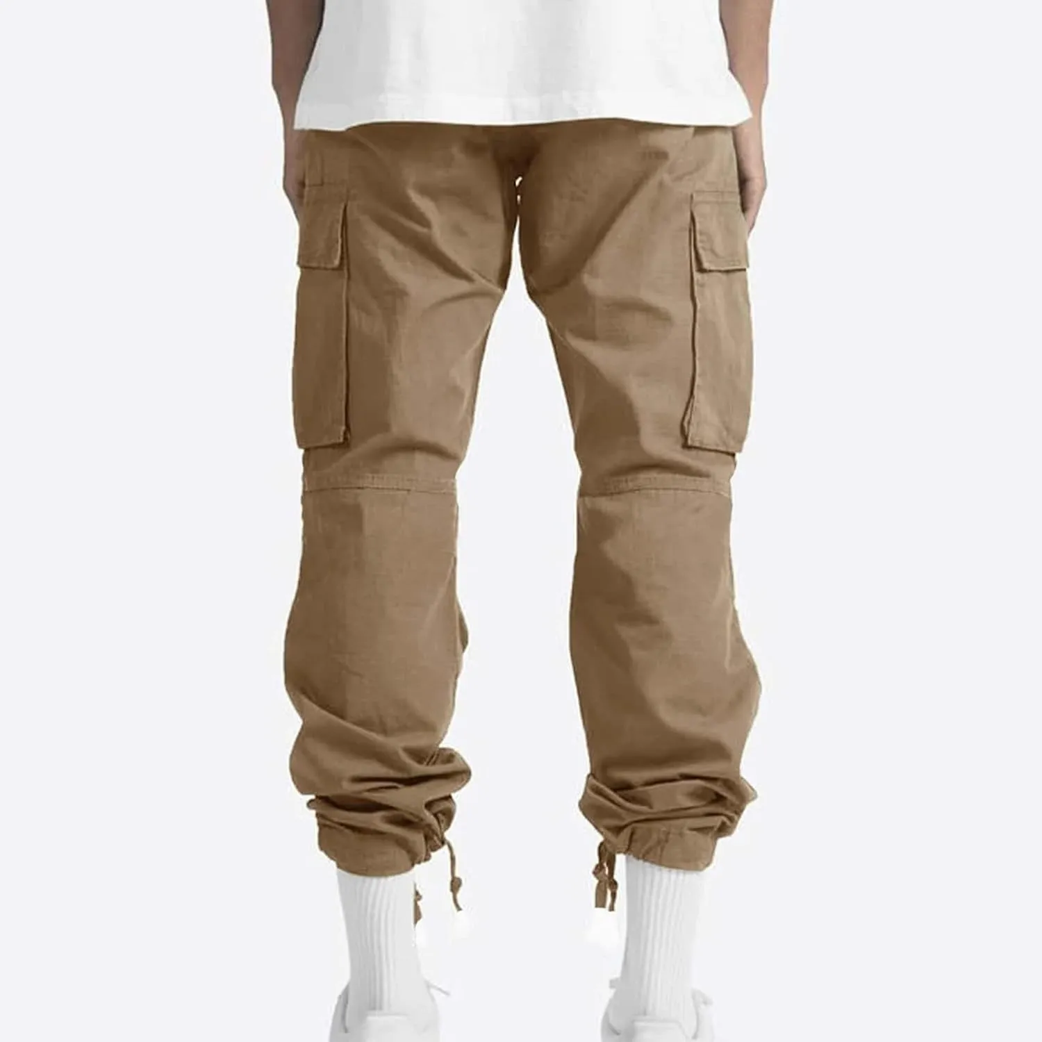 Mens Pants Cargo Drawstring Elastic Waist Sweatpants with Zipper Pockets Relaxed Fit Baggy Pants Joggers Trousers