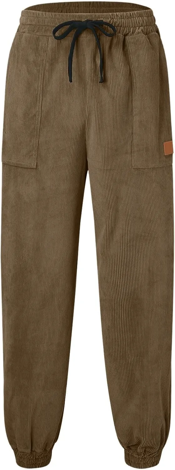 Mens Spring and Autumn Casual Thermal Corduroy Pants Drawstring High Waist Fashion Solid Trouser Elastic Tapered Sweatpants