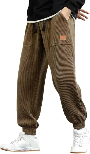 Mens Spring and Autumn Casual Thermal Corduroy Pants Drawstring High Waist Fashion Solid Trouser Elastic Tapered Sweatpants