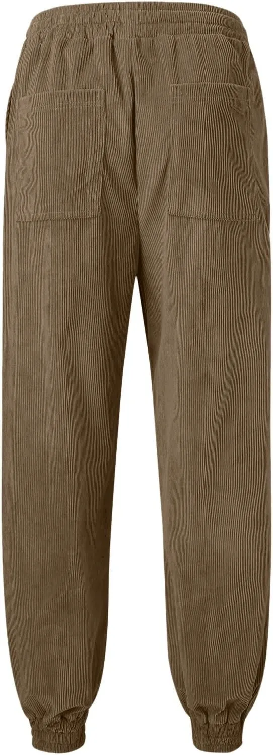 Mens Spring and Autumn Casual Thermal Corduroy Pants Drawstring High Waist Fashion Solid Trouser Elastic Tapered Sweatpants
