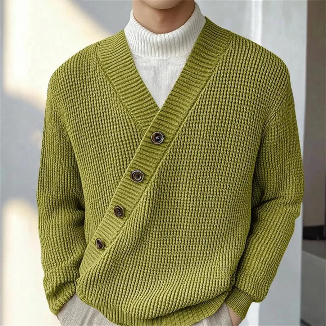 Men's Textured V-Neck Sweater Slim Fit Long Sleeve Knit Top Diagonal Pattern Casual Pullover
