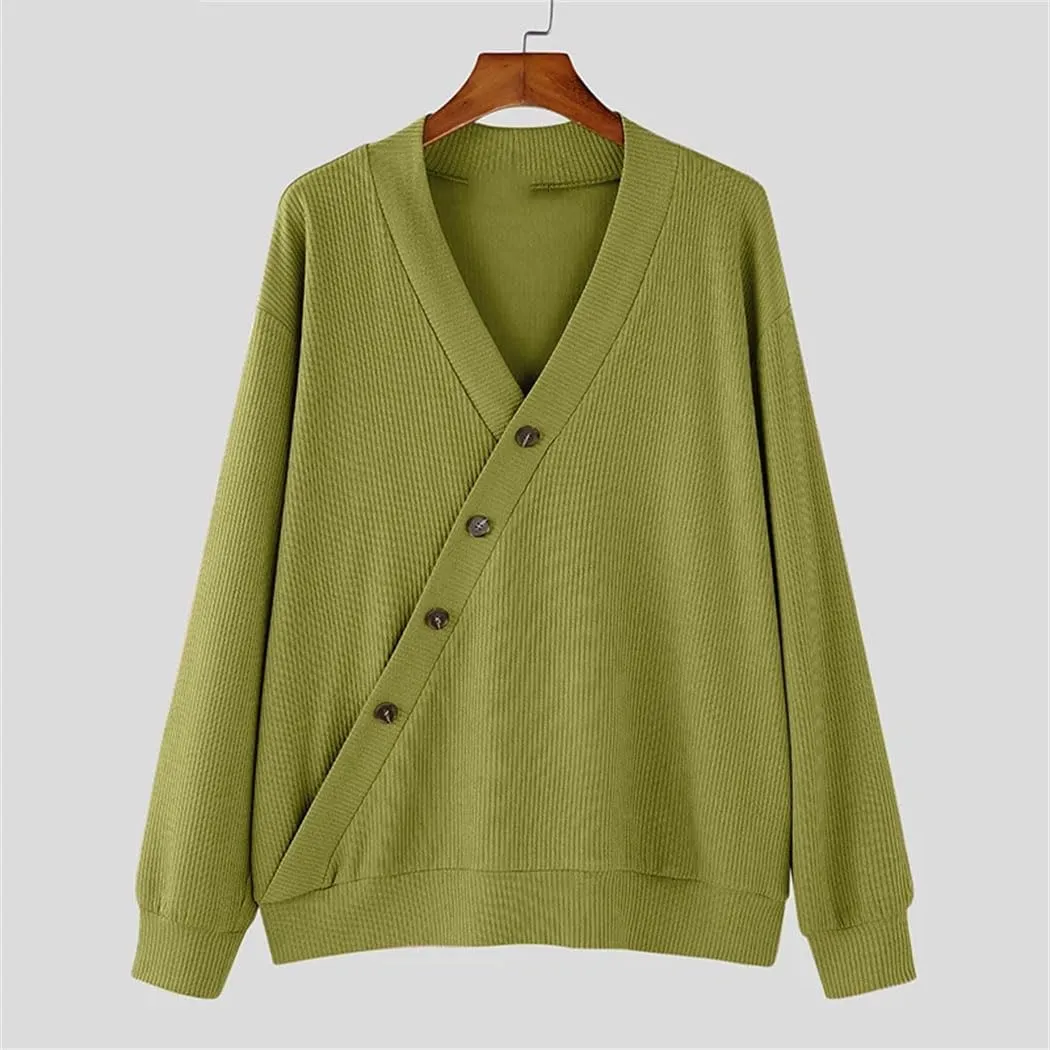 Men's Textured V-Neck Sweater Slim Fit Long Sleeve Knit Top Diagonal Pattern Casual Pullover