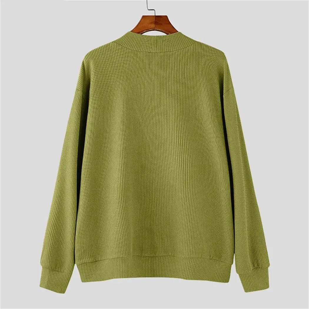 Men's Textured V-Neck Sweater Slim Fit Long Sleeve Knit Top Diagonal Pattern Casual Pullover
