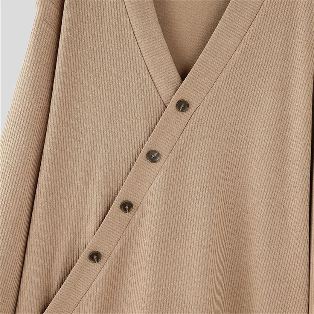 Men's Textured V-Neck Sweater Slim Fit Long Sleeve Knit Top Diagonal Pattern Casual Pullover