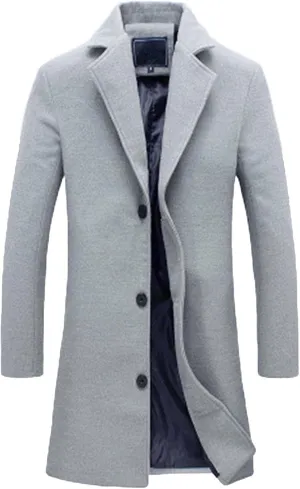 Men's Wool Blend Coat Winter Thermal Notched Collar Single Breasted Fashion Pea Coat Trench Overcoat