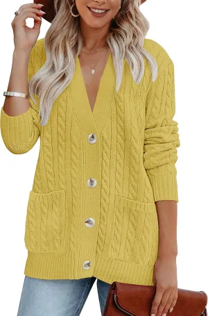 MEROKEETY Women's 2025 Long Sleeve Cable Knit Button Cardigan Sweater Open Front Outwear Coat with Pockets
