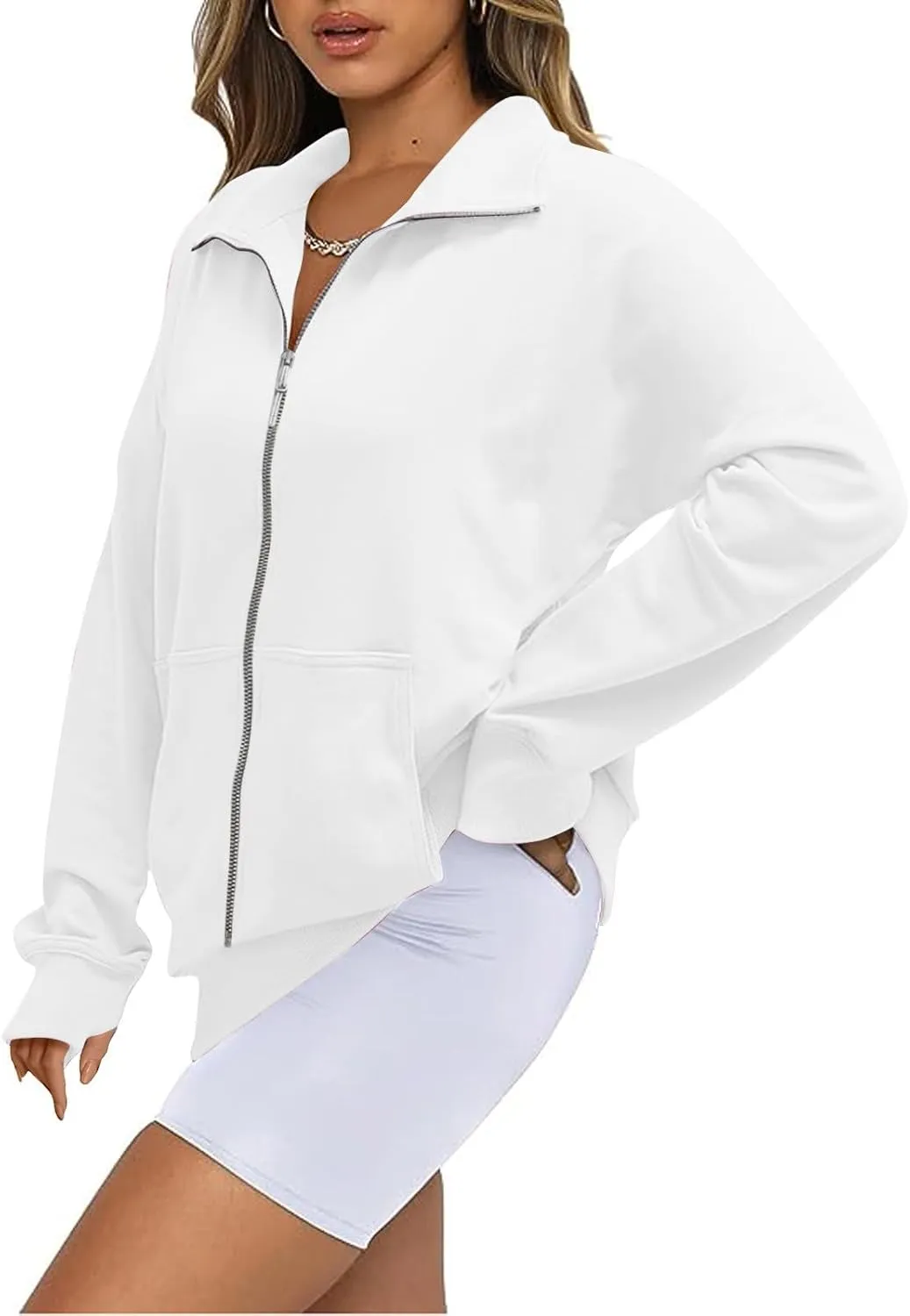 midelxp Womens Cropped Zip Up Hoodie Casual Fleece Stand Collar Sweatshirt Loose Quarter Zip Long Sleeve Pullover Sports Top