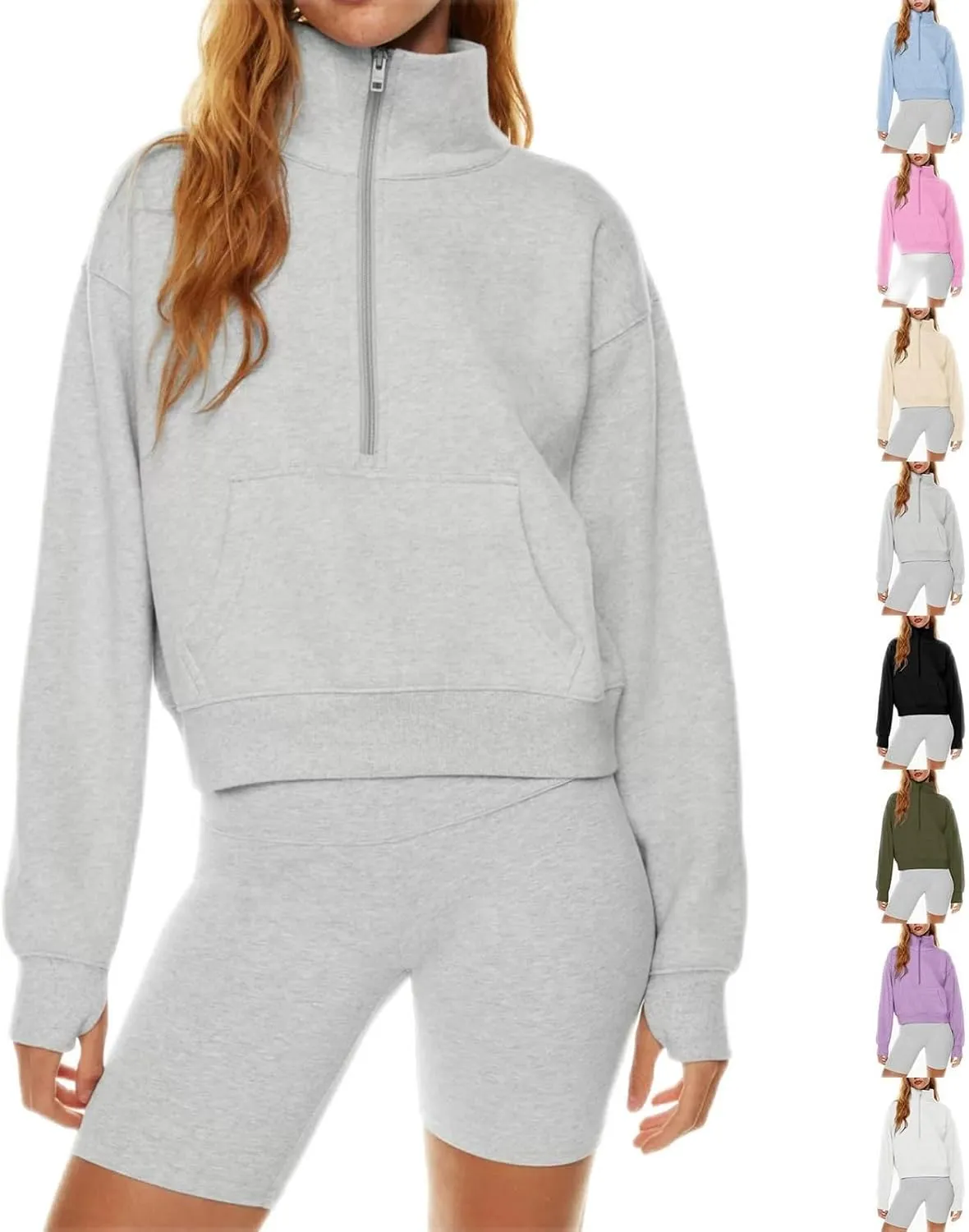 midelxp Womens Cropped Zip Up Hoodie Casual Fleece Stand Collar Sweatshirt Loose Quarter Zip Long Sleeve Pullover Sports Top