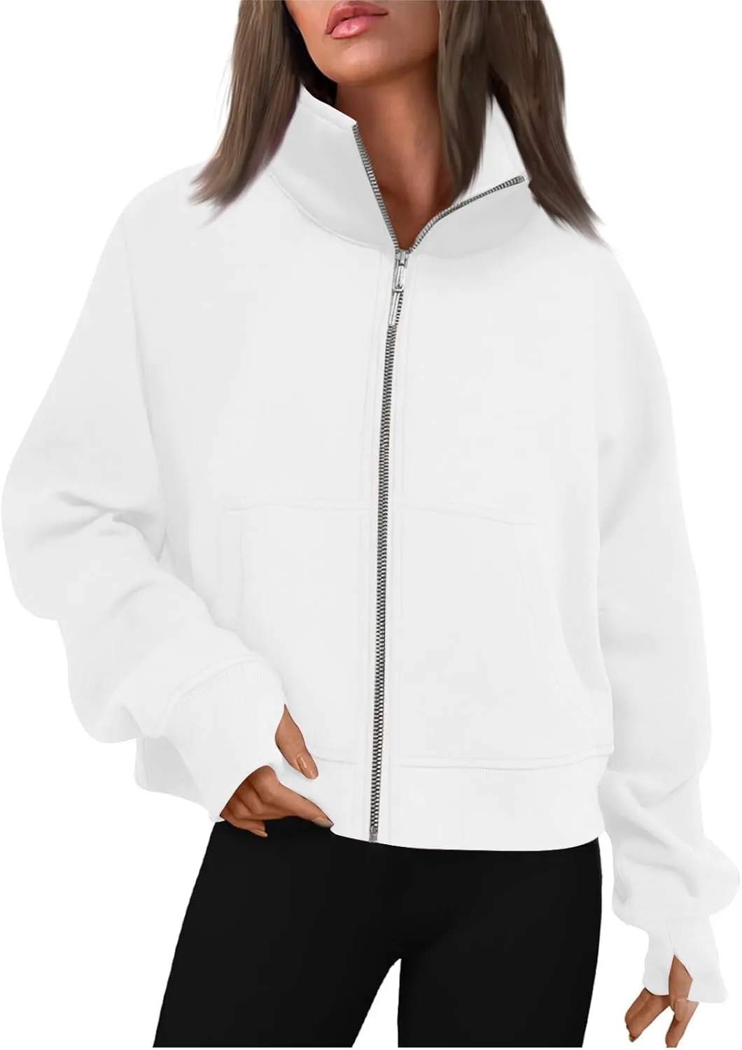 midelxp Womens Cropped Zip Up Hoodie Casual Fleece Stand Collar Sweatshirt Loose Quarter Zip Long Sleeve Pullover Sports Top