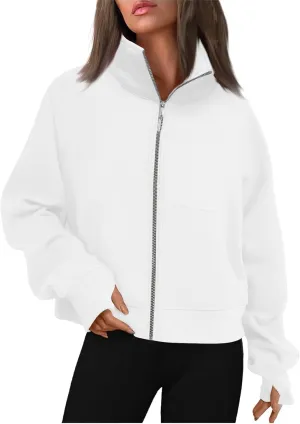 midelxp Womens Cropped Zip Up Hoodie Casual Fleece Stand Collar Sweatshirt Loose Quarter Zip Long Sleeve Pullover Sports Top