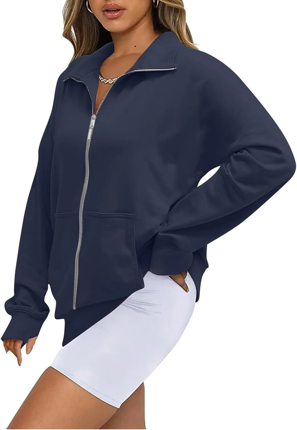 midelxp Womens Cropped Zip Up Hoodie Casual Fleece Stand Collar Sweatshirt Loose Quarter Zip Long Sleeve Pullover Sports Top