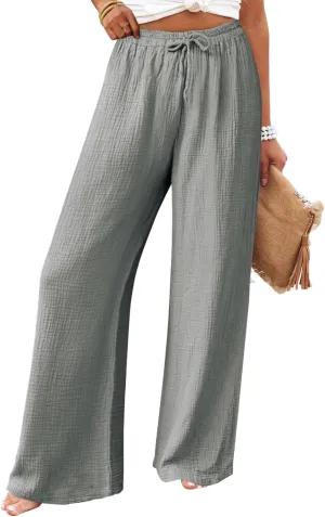 miduo Womens Cotton Drawstring Elastic High Waist Palazzo Pants Wide Leg Pants Casual Lounge Pant Trousers
