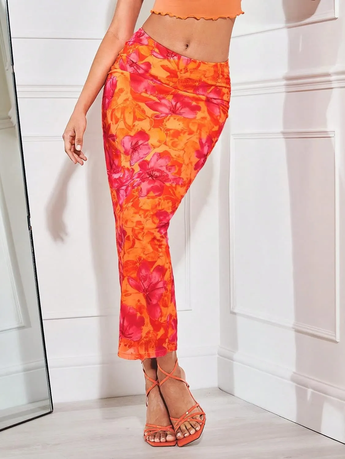Milumia Women Boho Floral Print Pencil Skirt Mid Waist Vacation Bodycon Long Skirts
