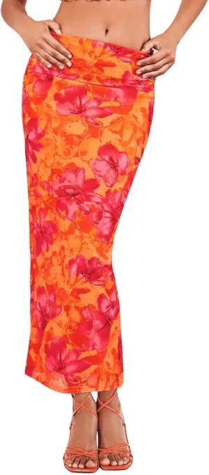 Milumia Women Boho Floral Print Pencil Skirt Mid Waist Vacation Bodycon Long Skirts