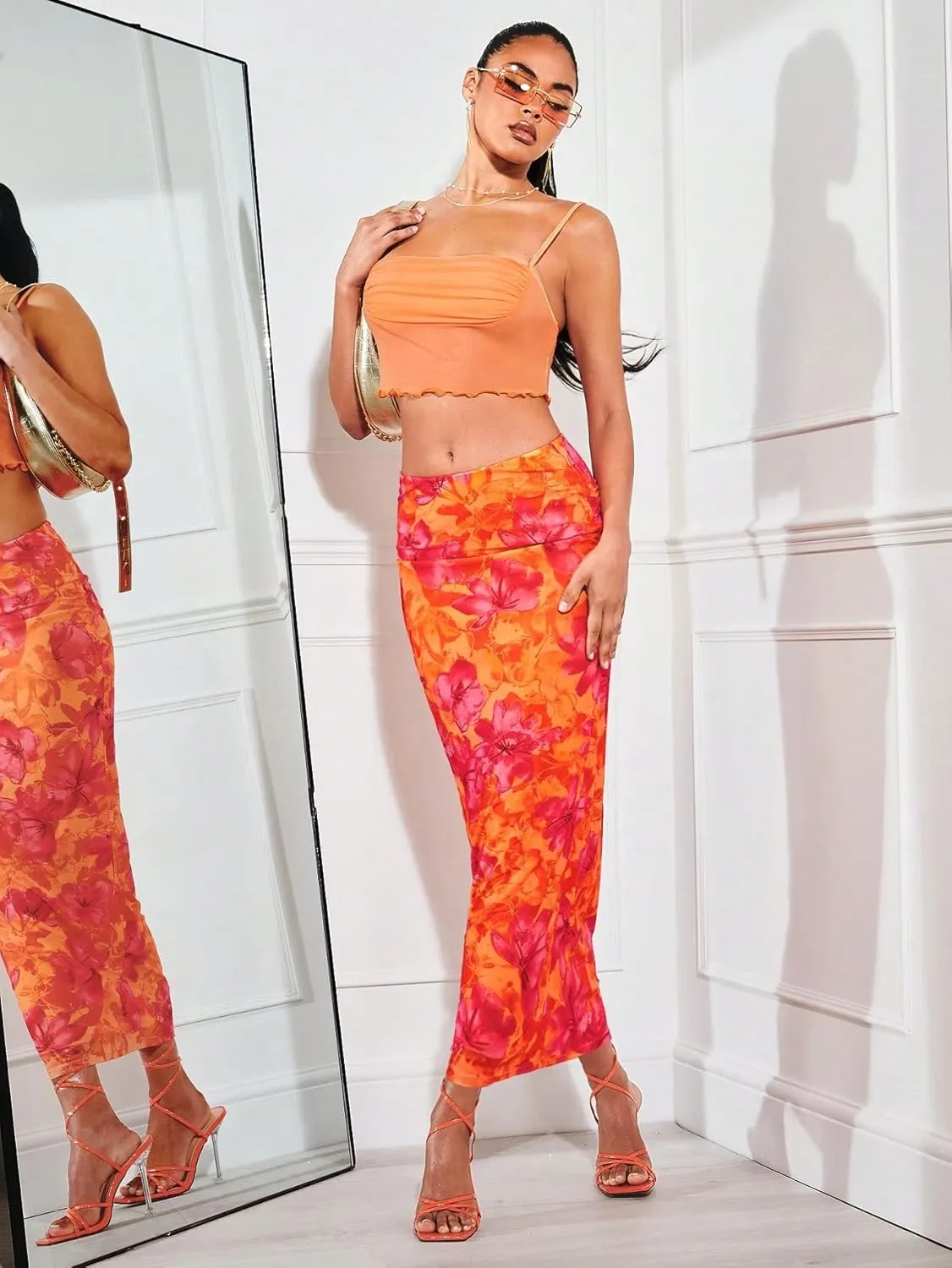 Milumia Women Boho Floral Print Pencil Skirt Mid Waist Vacation Bodycon Long Skirts