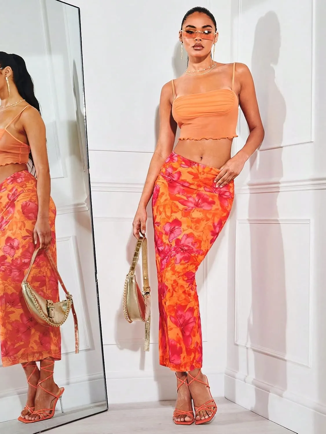 Milumia Women Boho Floral Print Pencil Skirt Mid Waist Vacation Bodycon Long Skirts