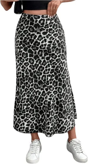 Milumia Women's Leopard Print High Waisted Skirt Ruffle Hem Bodycon Midi Skirt