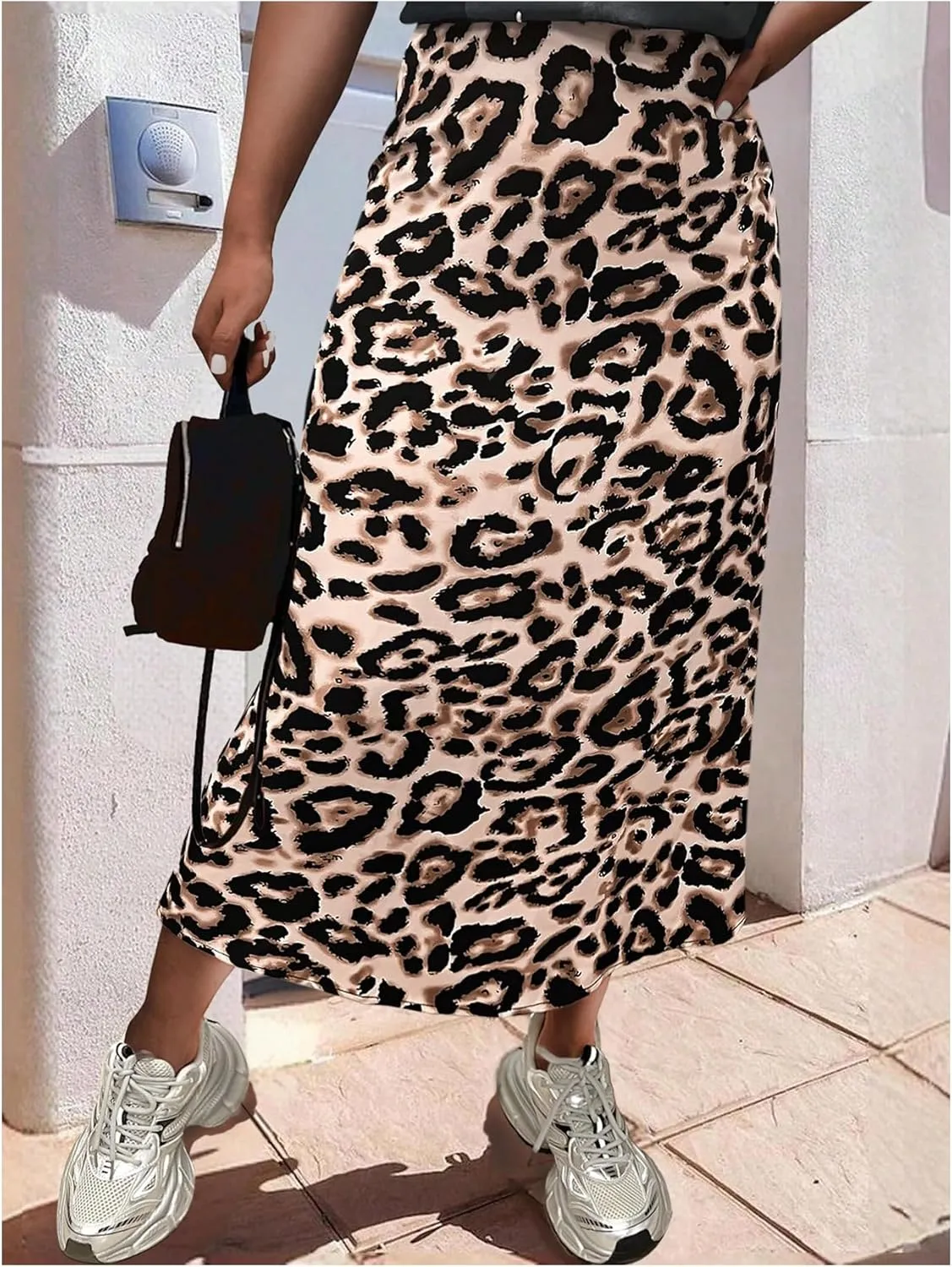 Milumia Women's Leopard Print High Waisted Skirt Ruffle Hem Bodycon Midi Skirt