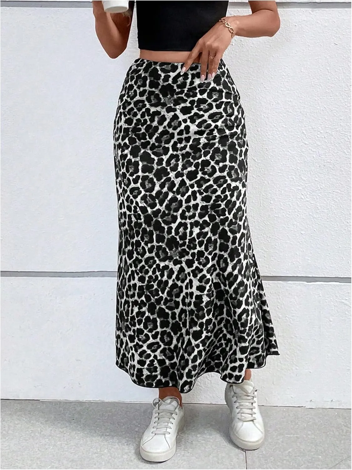 Milumia Women's Leopard Print High Waisted Skirt Ruffle Hem Bodycon Midi Skirt