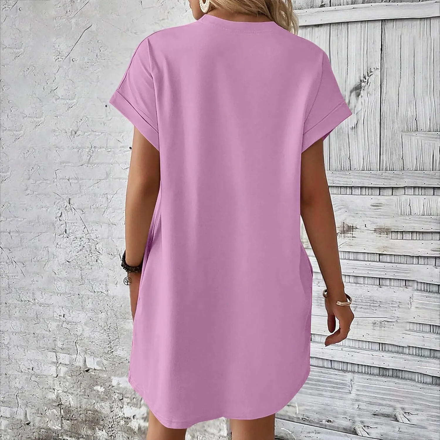 Mini Dress for Women Beach Vacation Pocket Mini Dresses for Women with Short Sleeves Summer Casual Loose Wrap Dress