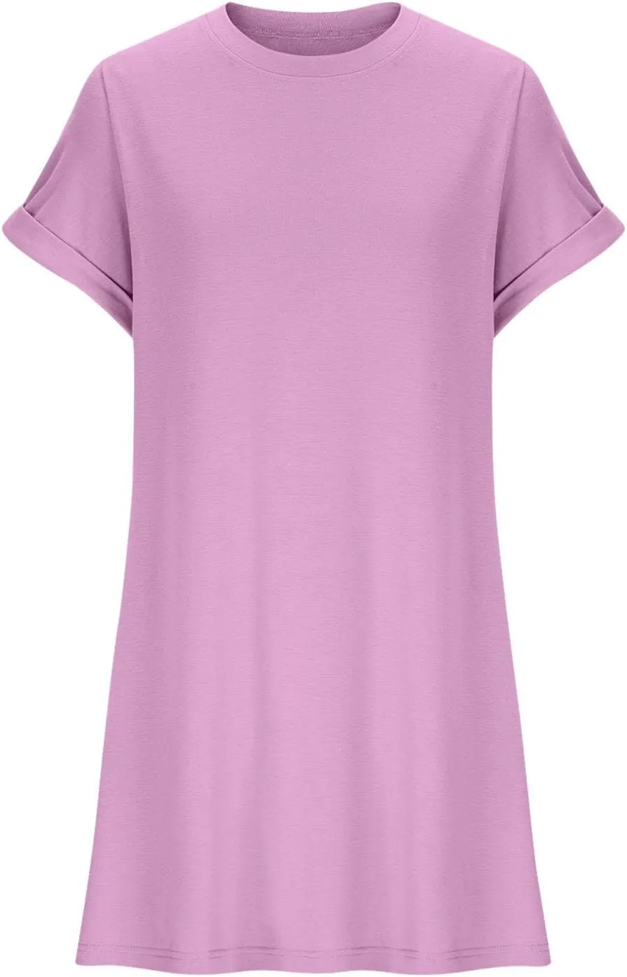 Mini Dress for Women Beach Vacation Pocket Mini Dresses for Women with Short Sleeves Summer Casual Loose Wrap Dress