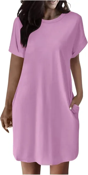 Mini Dress for Women Beach Vacation Pocket Mini Dresses for Women with Short Sleeves Summer Casual Loose Wrap Dress