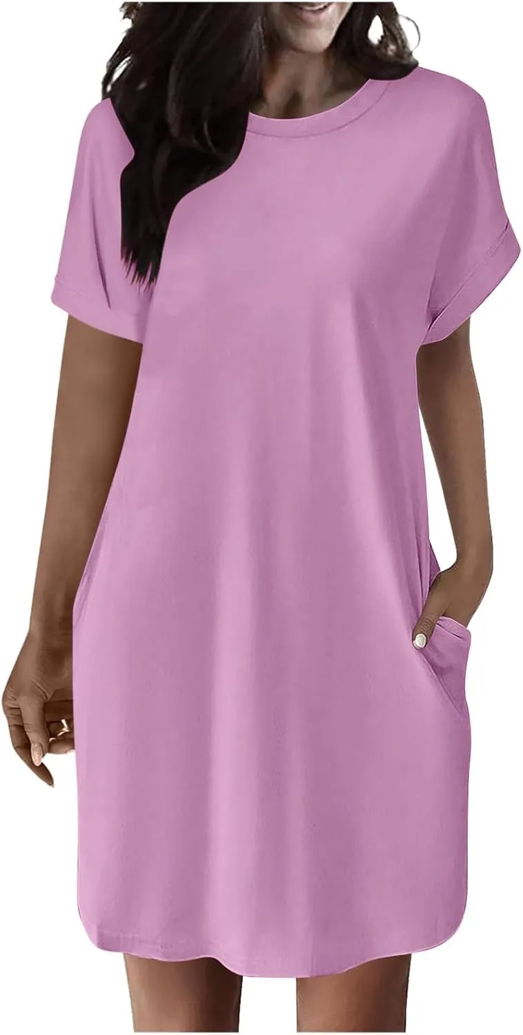 Mini Dress for Women Beach Vacation Pocket Mini Dresses for Women with Short Sleeves Summer Casual Loose Wrap Dress