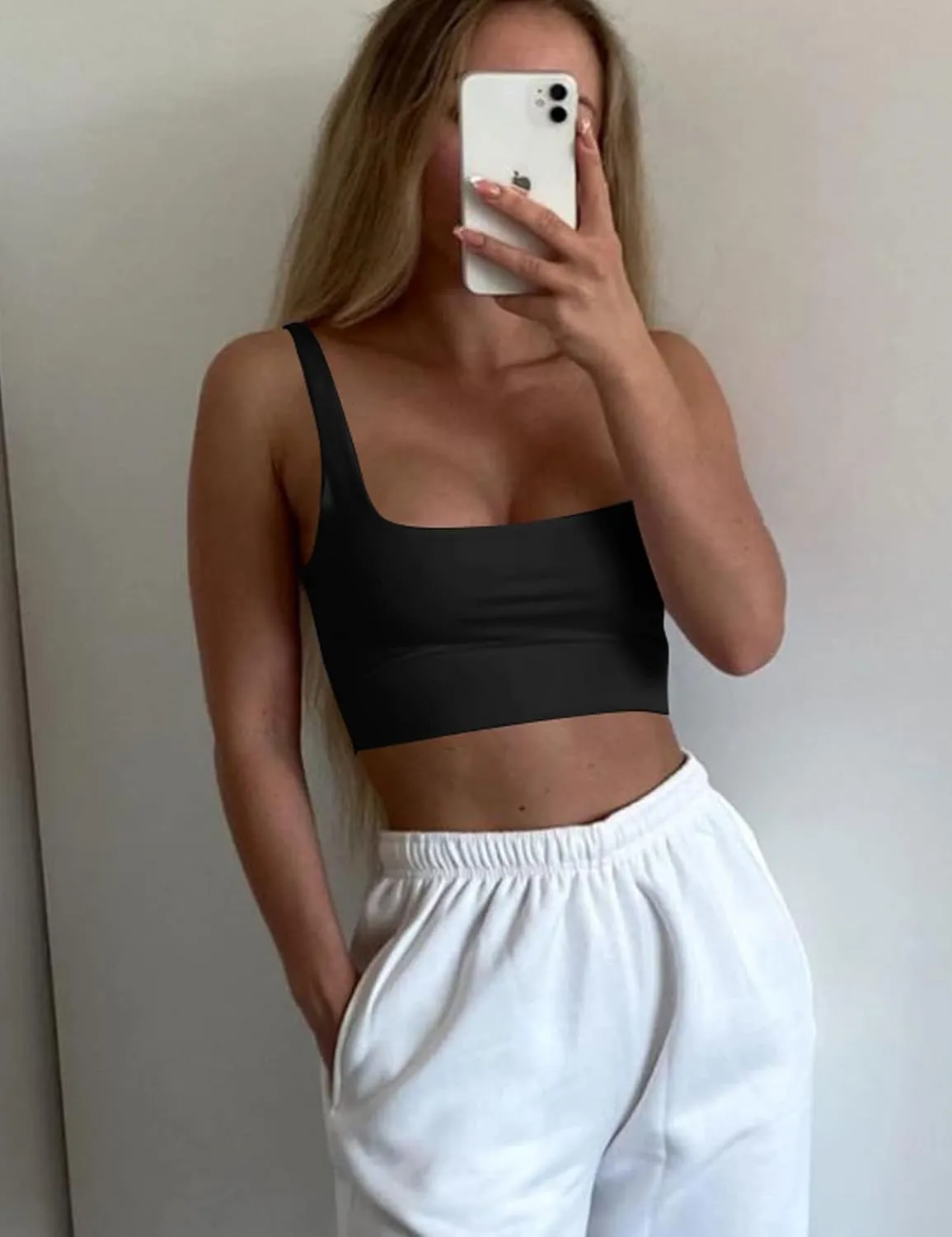 Mizoci Women's Basic Sleeveless Square Neck Cropped Double Layer Sexy Crop Tank Top
