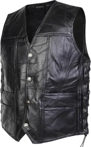 Motorcycle Genuine Leather Biker Vest for Men Club Style Classic Black