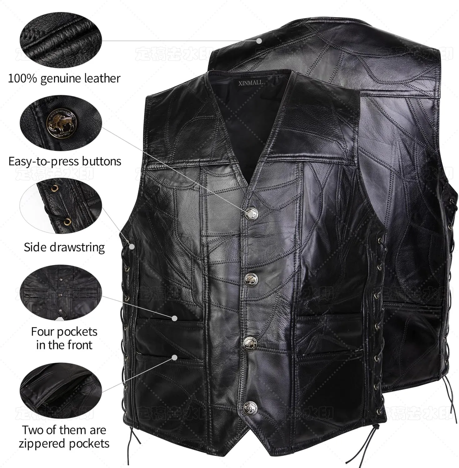 Motorcycle Genuine Leather Biker Vest for Men Club Style Classic Black