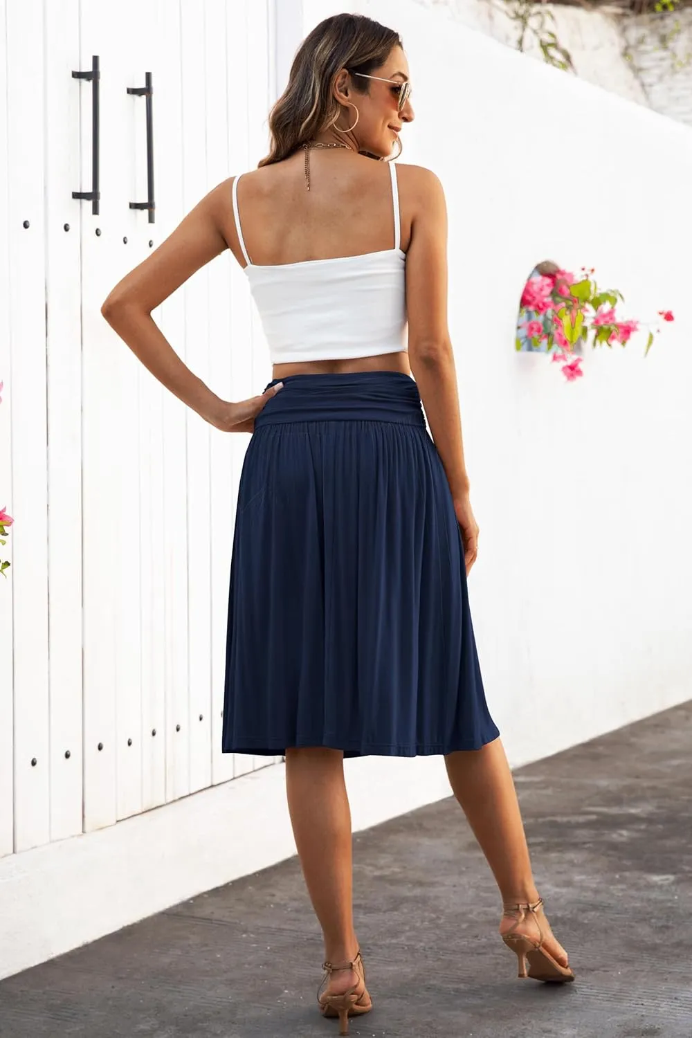 Naggoo Womens Summer Elastic High Waisted Midi Skirts Flowy Aline Knee Length Skirt with Pockets S-XXXL
