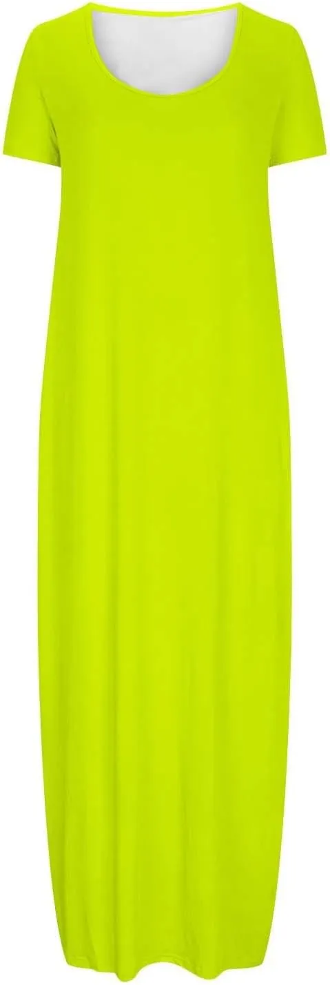 NaRHbrg Womens Summer Dress Casual Loose Plain Long Dress Round Neck Short Sleeve Maxi Dresses Crew Neck Flowy Beach Sundress