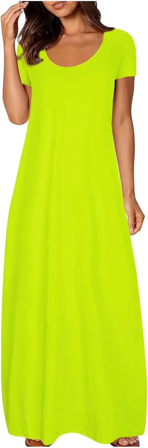 NaRHbrg Womens Summer Dress Casual Loose Plain Long Dress Round Neck Short Sleeve Maxi Dresses Crew Neck Flowy Beach Sundress