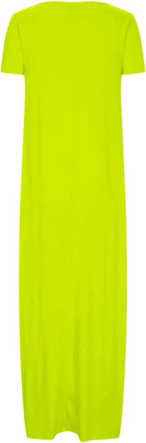NaRHbrg Womens Summer Dress Casual Loose Plain Long Dress Round Neck Short Sleeve Maxi Dresses Crew Neck Flowy Beach Sundress