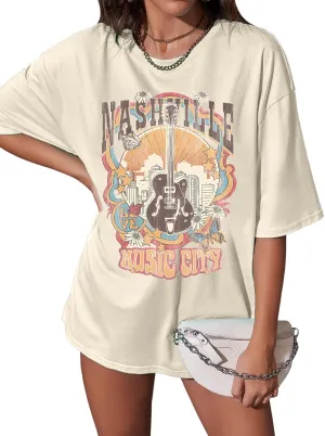 Nashville Shirts for Women Music City Country Music Concert Rock Band Vintage Guitar Wings Graphic Casual Tee Tops