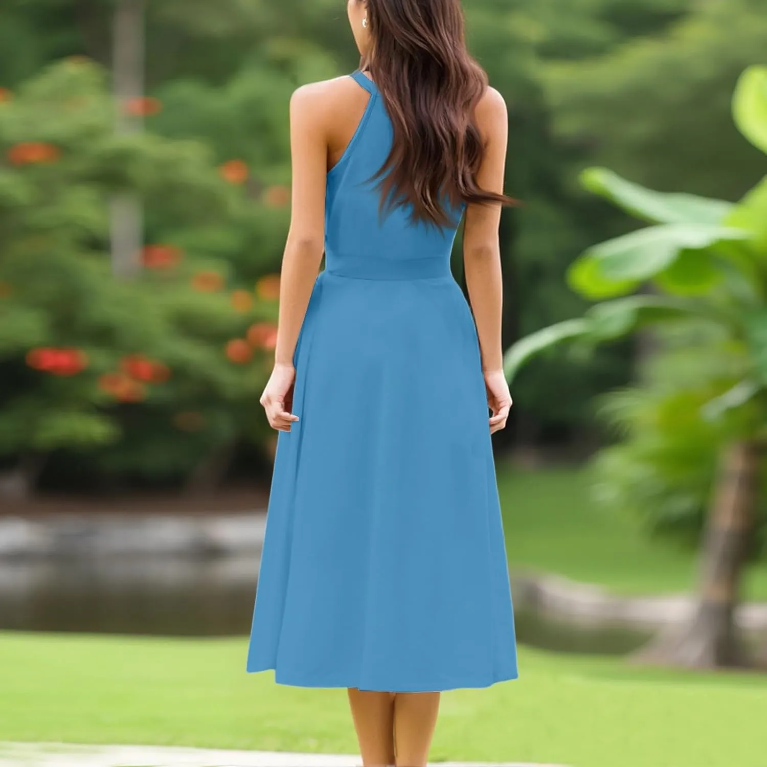 NBXNZWF Womens 2025 Summer Dresses Casual Sleeveless Floral Print Midi Dresses Loose Boho Beach Sundress with Adjustable Belt