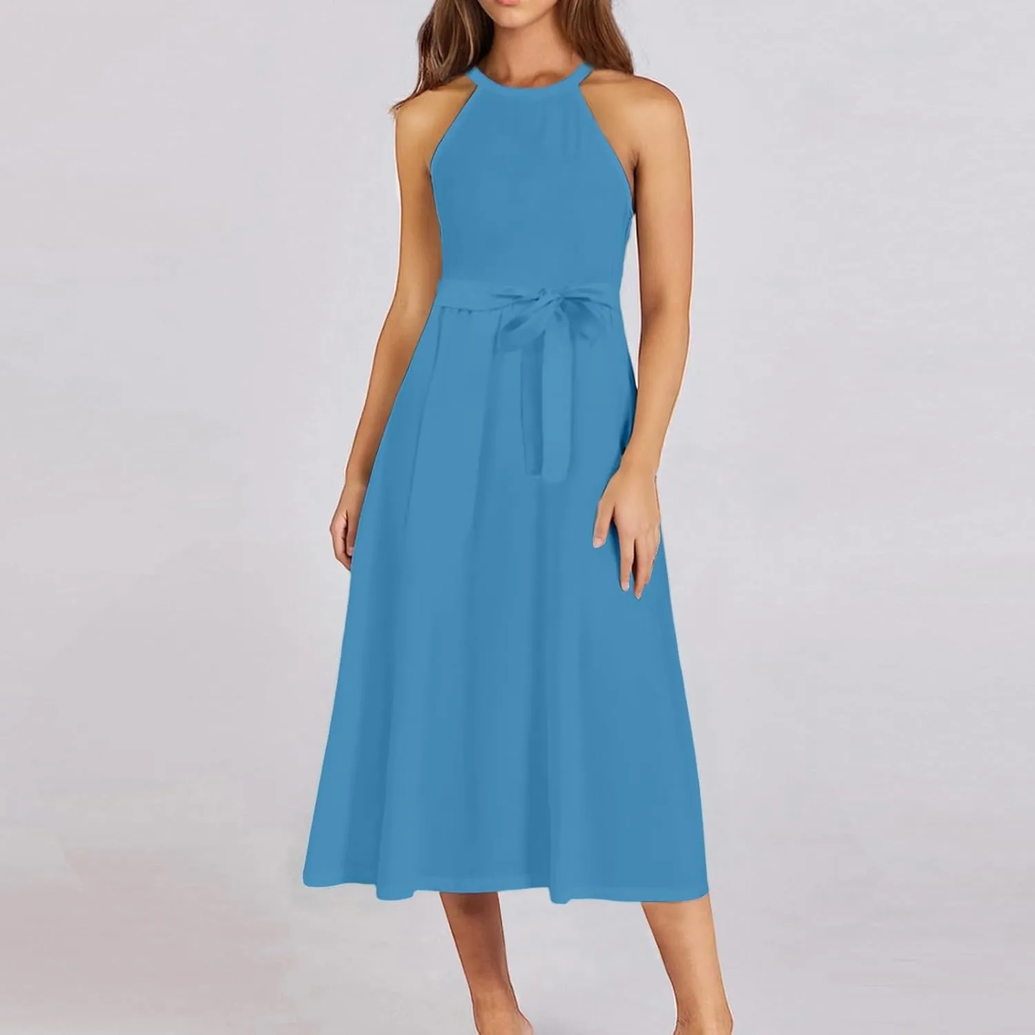 NBXNZWF Womens 2025 Summer Dresses Casual Sleeveless Floral Print Midi Dresses Loose Boho Beach Sundress with Adjustable Belt