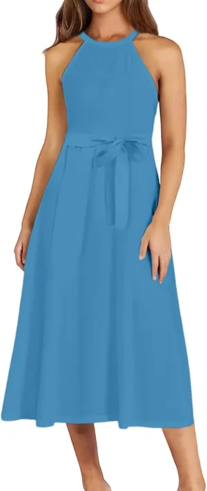 NBXNZWF Womens 2025 Summer Dresses Casual Sleeveless Floral Print Midi Dresses Loose Boho Beach Sundress with Adjustable Belt
