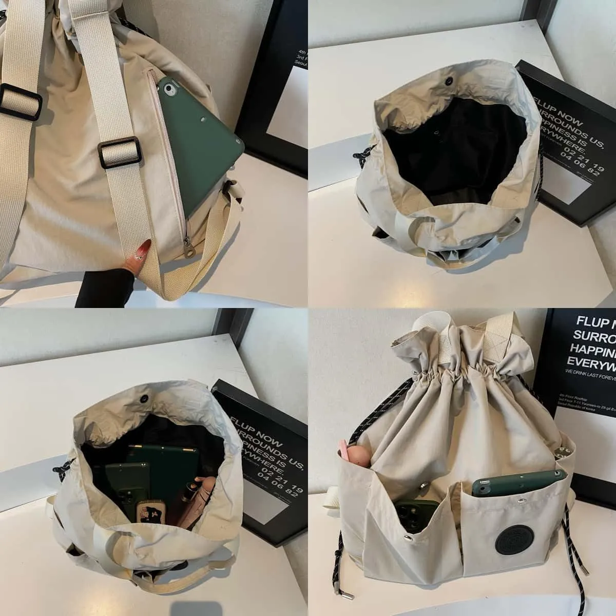 Nylon Hobo Bag Plain Backpack Casual Shoulder Tote Stachel Bag Travel Daypacks (Grey)